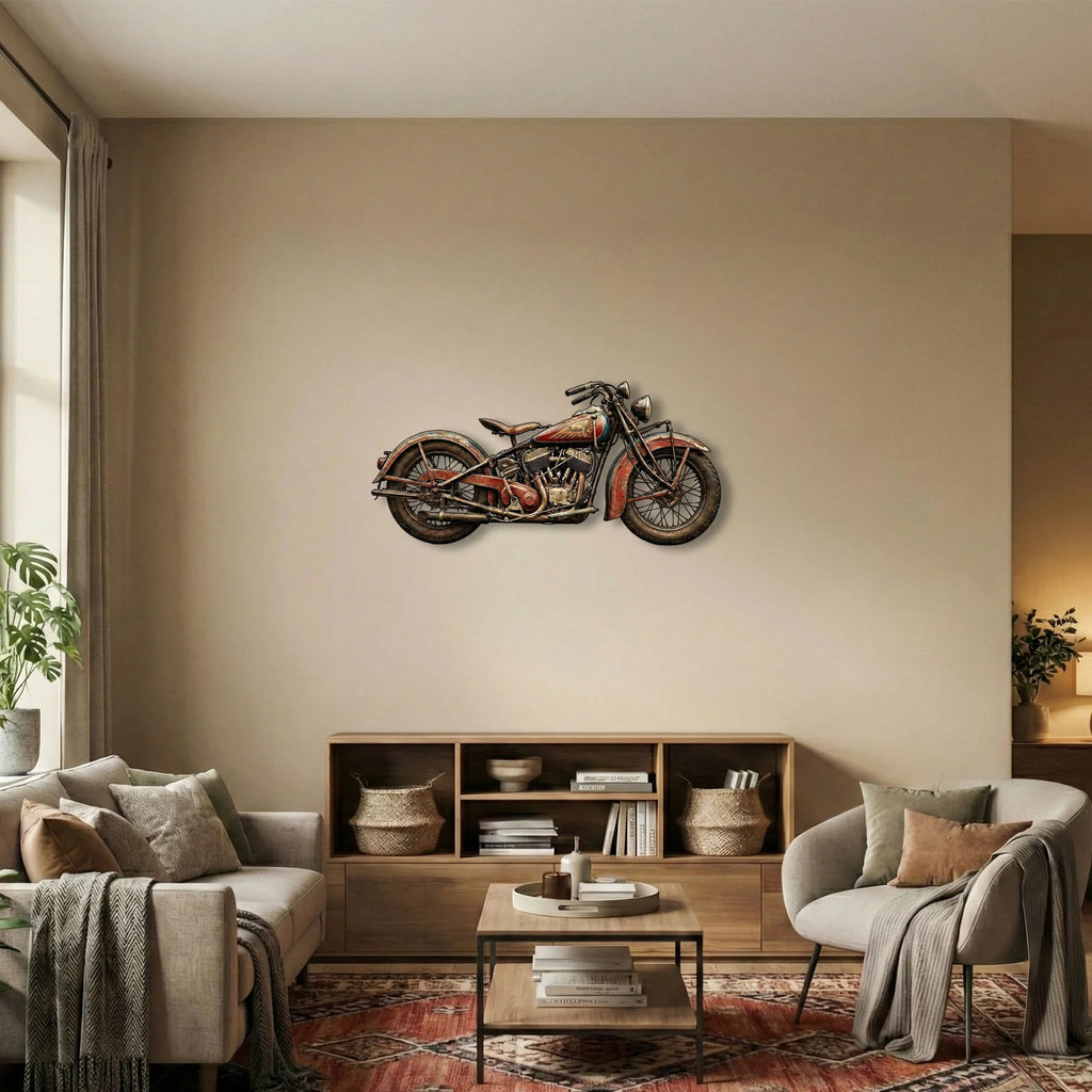 Nostaljik Indian Motosiklet Tasarımlı Eskitme Metal Tablo - Retro Duvar Dekoru