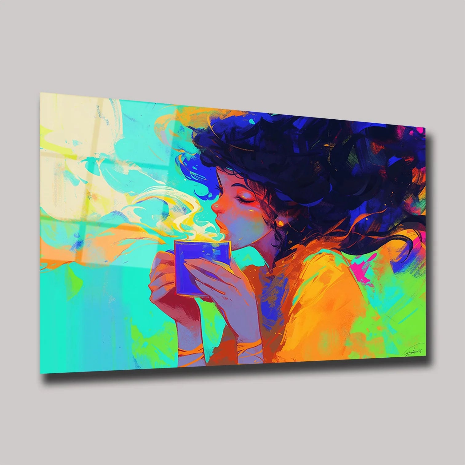 RENKLİ KADIN PORTRESİ VE KAHVE KEYFİ MODERN SANAT YATAY CAM TABLO - DEG0324