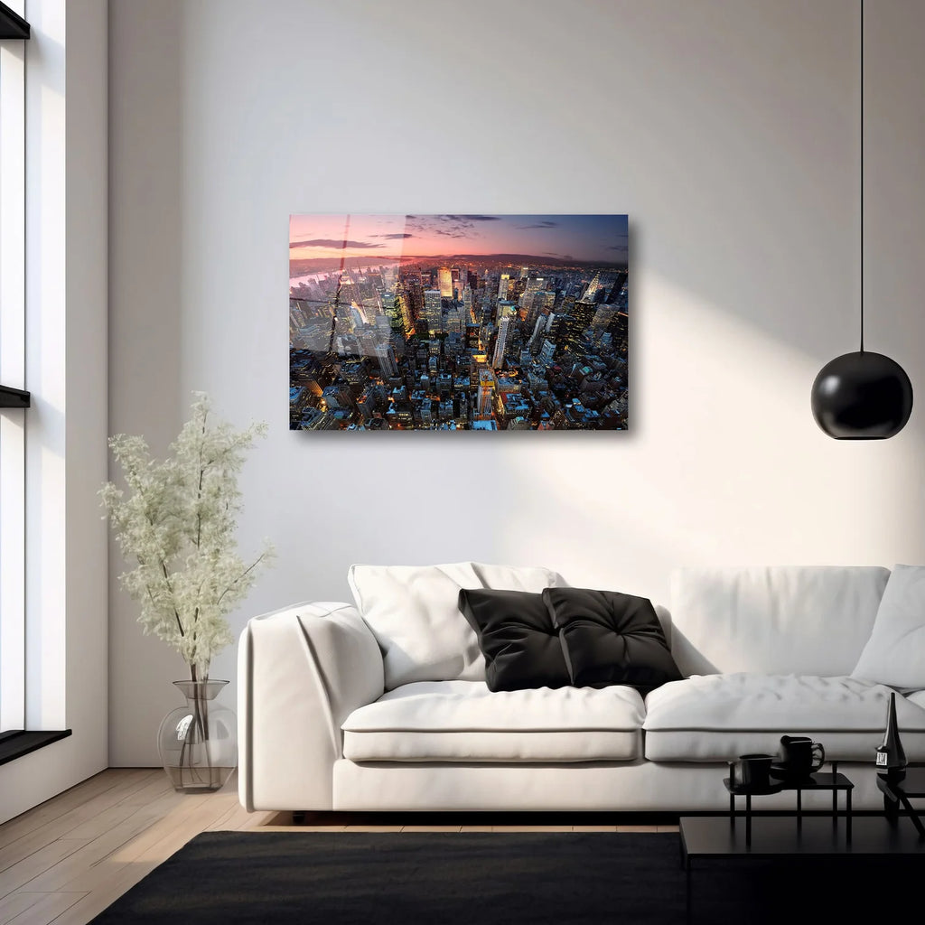 NEW YORK MANHATTAN GÜN BATIMI VE ŞEHİR IŞIKLARI YATAY CAM TABLO - DEG0375