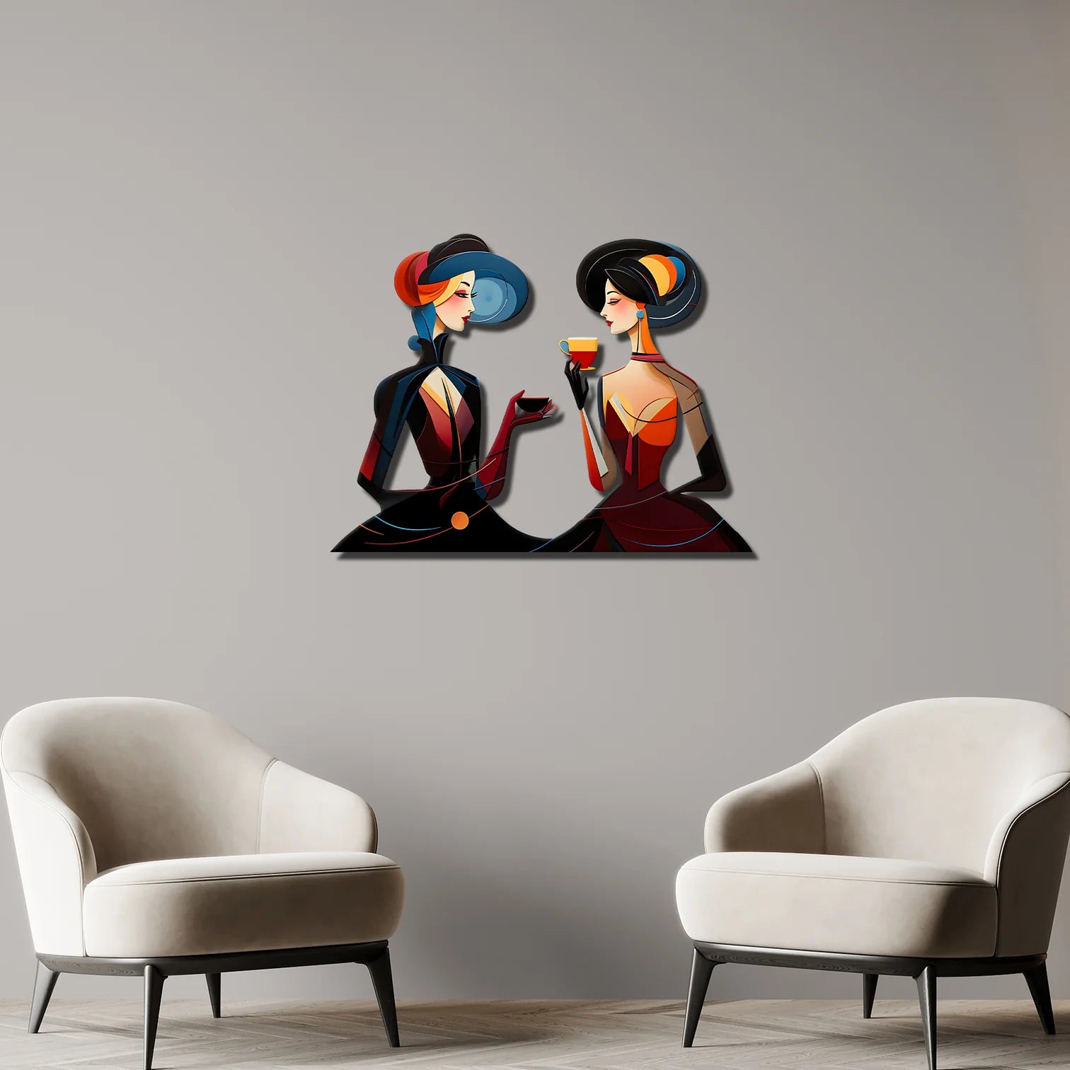 Kahve İçen Kadınlar Renkli Metal Tablo - Kandinsky Tarzı