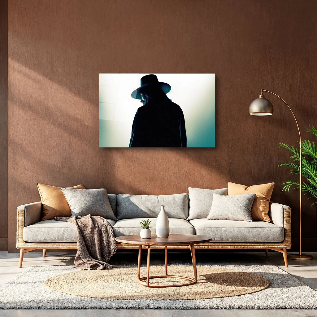 V FOR VENDETTA GUY FAWKES MASKESİ VE GİZEMLİ SİLÜET YATAY CAM TABLO - DEG0342