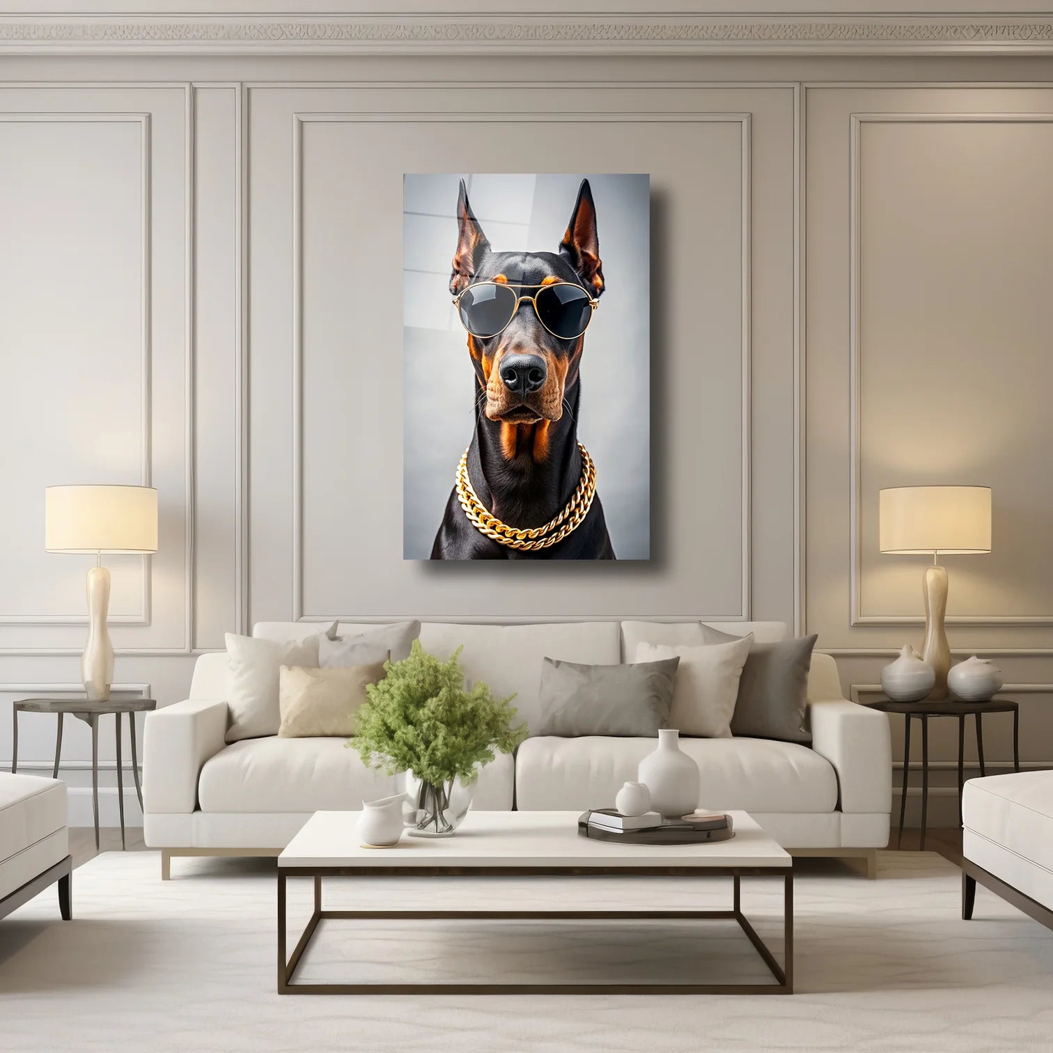 ALTIN ZİNCİRLİ DOBERMAN - CAM TABLO - DEG0134