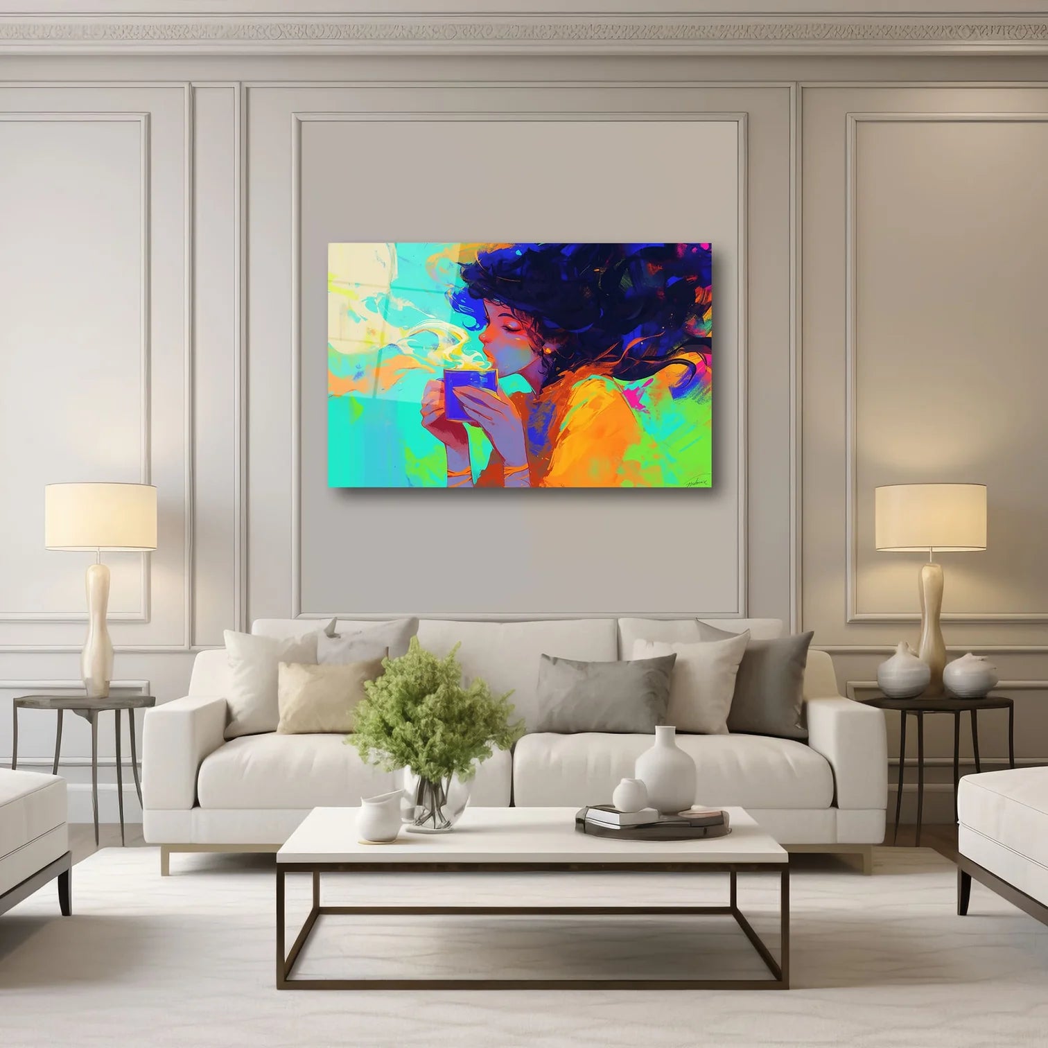 RENKLİ KADIN PORTRESİ VE KAHVE KEYFİ MODERN SANAT YATAY CAM TABLO - DEG0324
