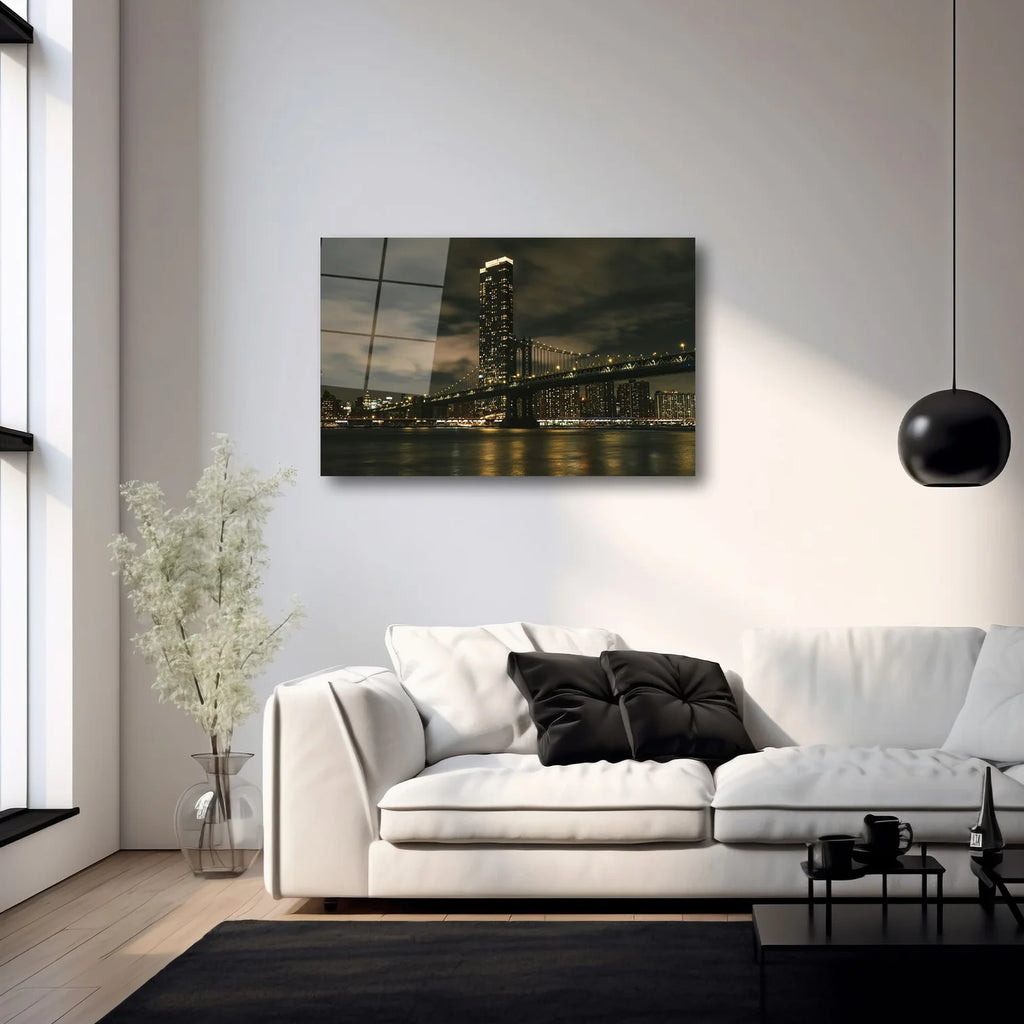 NEW YORK MANHATTAN KÖPRÜSÜ VE GECE ŞEHİR MANZARASI YATAY CAM TABLO - DEG0371
