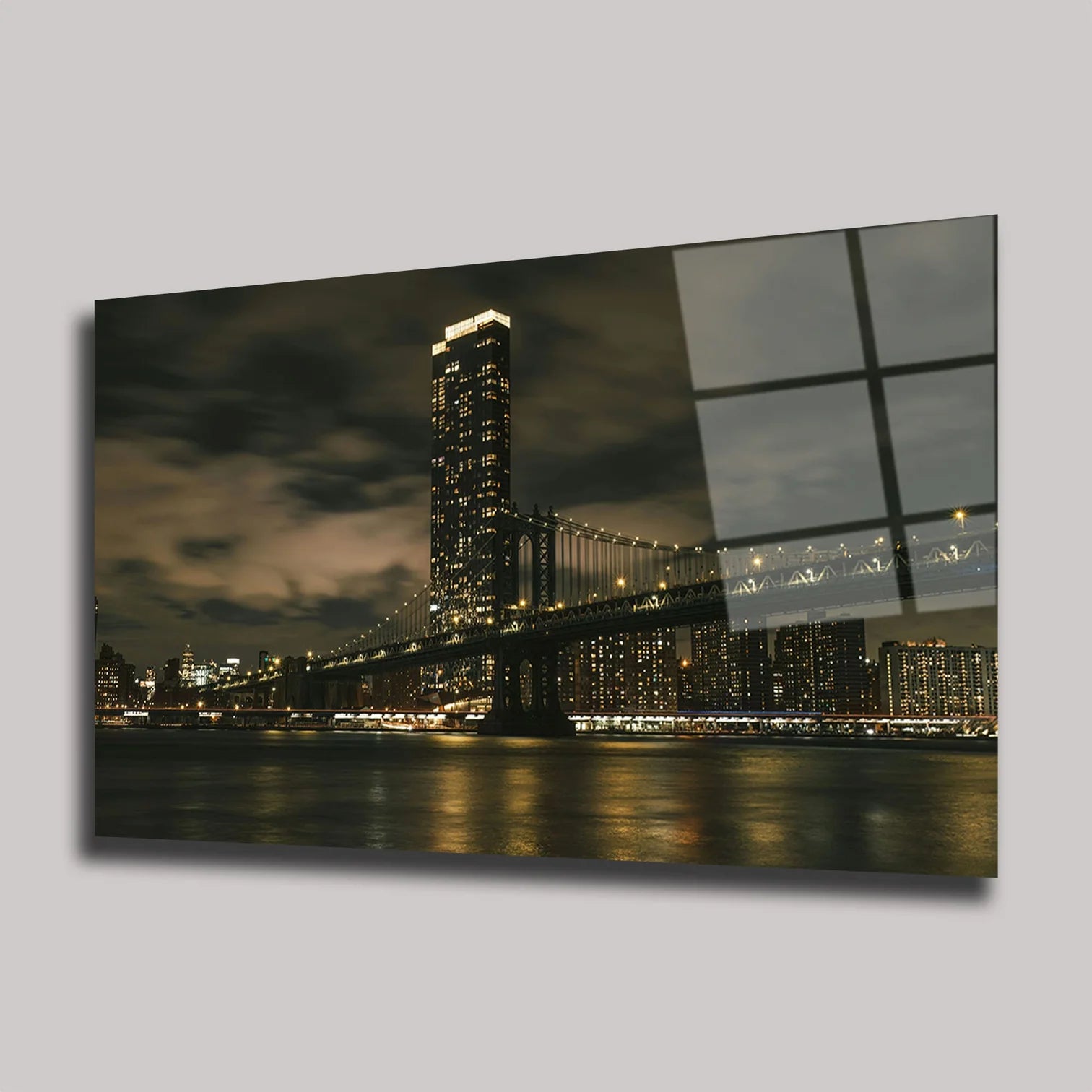 NEW YORK MANHATTAN KÖPRÜSÜ VE GECE ŞEHİR MANZARASI YATAY CAM TABLO - DEG0371