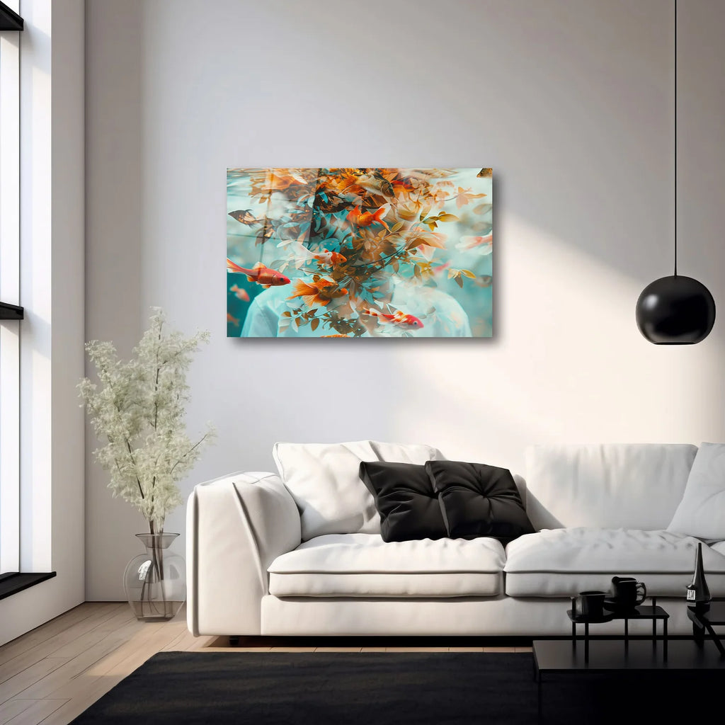 SÜRREAL İNSAN SİLÜETİ VE JAPON BALIKLARI MODERN SANAT YATAY CAM TABLO - DEG0337