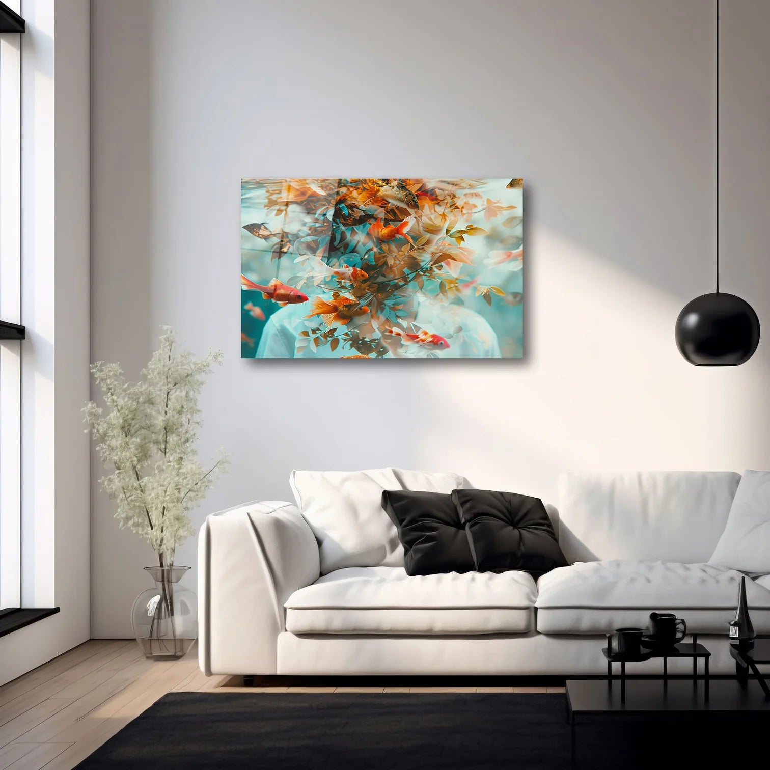 SÜRREAL İNSAN SİLÜETİ VE JAPON BALIKLARI MODERN SANAT YATAY CAM TABLO - DEG0337