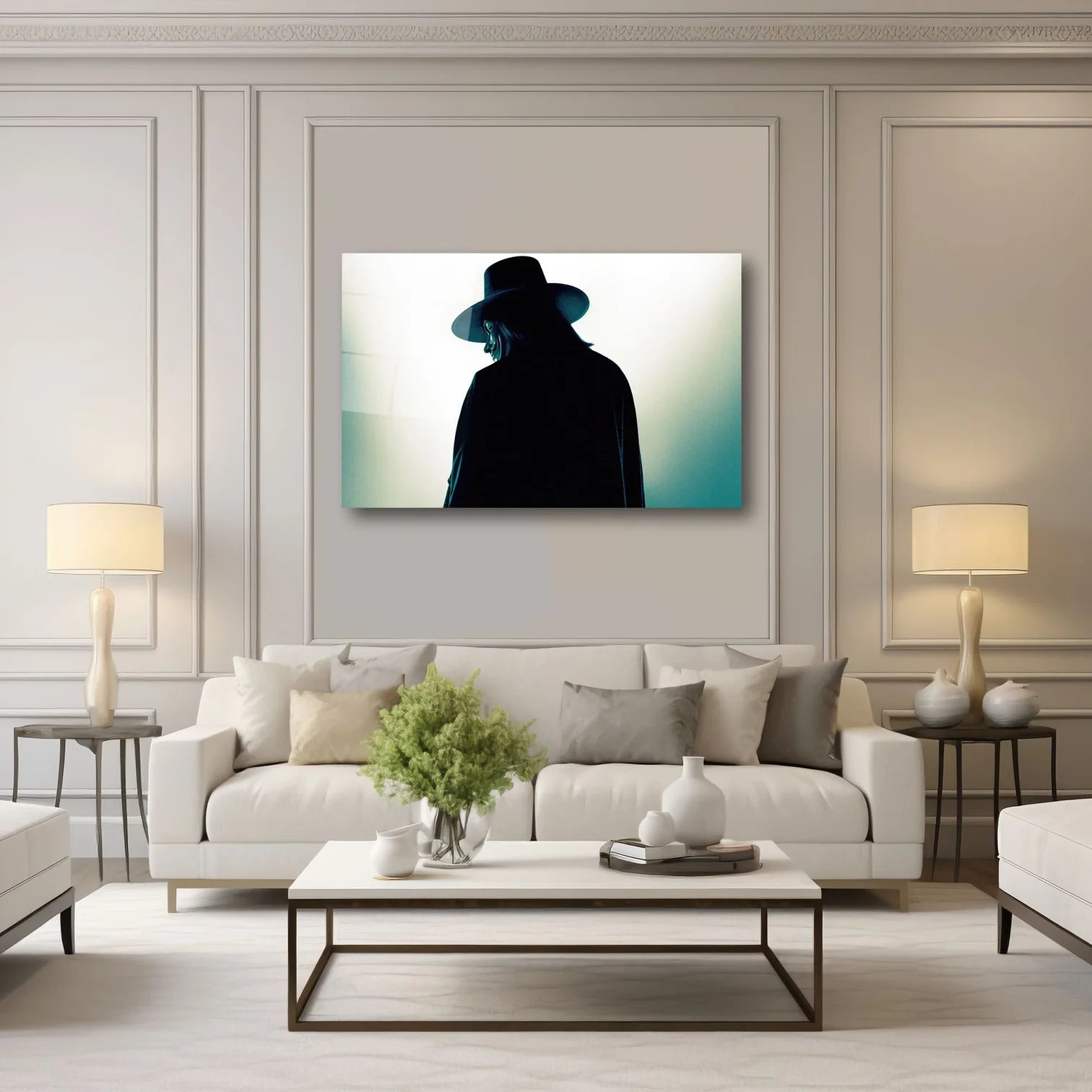 V FOR VENDETTA GUY FAWKES MASKESİ VE GİZEMLİ SİLÜET YATAY CAM TABLO - DEG0342