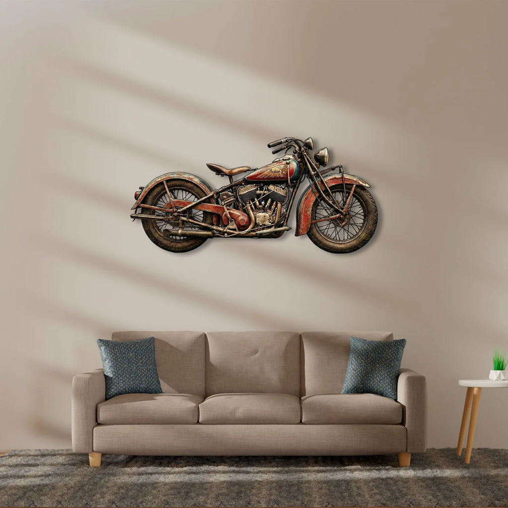 Nostaljik Indian Motosiklet Tasarımlı Eskitme Metal Tablo - Retro Duvar Dekoru