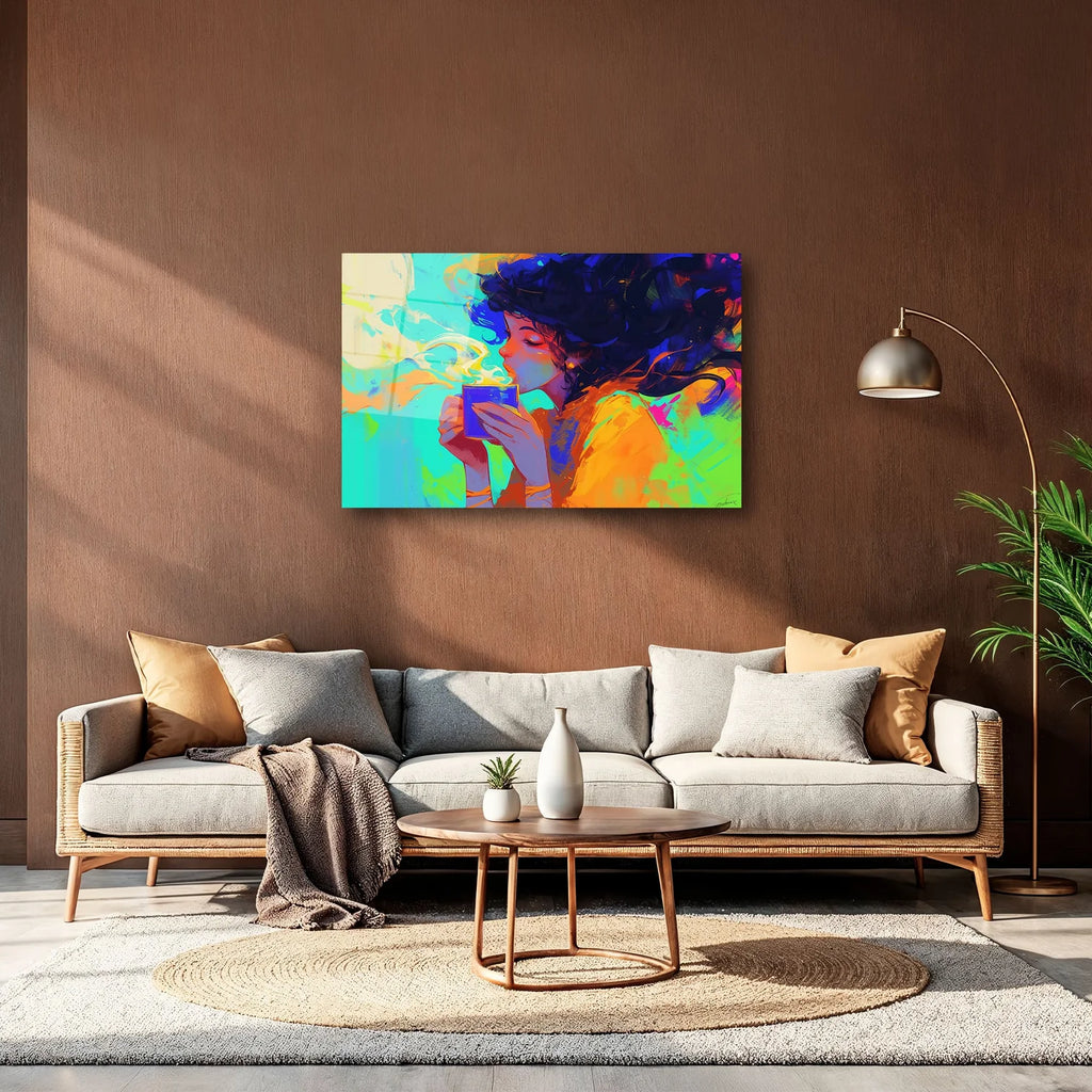 RENKLİ KADIN PORTRESİ VE KAHVE KEYFİ MODERN SANAT YATAY CAM TABLO - DEG0324