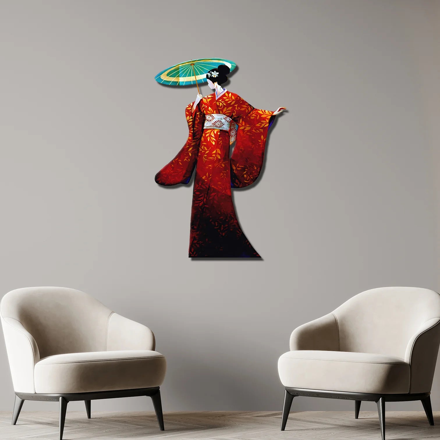 Geisha Japon Sanat Tasarımlı Metal Duvar Dekoru – Kırmızı Kimono Figürü