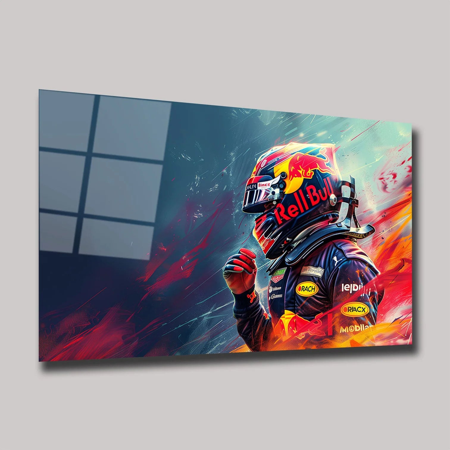 RED BULL F1 YARIŞ PİLOTU VE RENKLİ KASK TASARIMI YATAY CAM TABLO - DEG0334