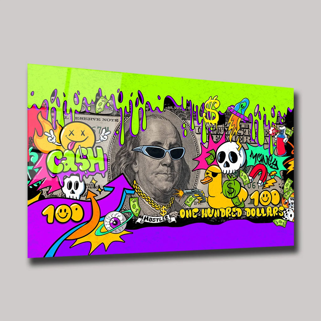 GRAFFITI SANATI BENJAMIN FRANKLIN VE 100 DOLAR TEMALI YATAY CAM TABLO - DEG0322