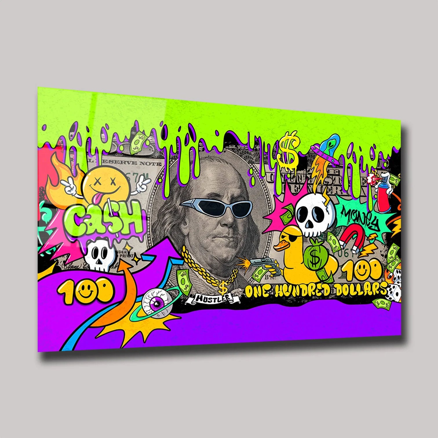GRAFFITI SANATI BENJAMIN FRANKLIN VE 100 DOLAR TEMALI YATAY CAM TABLO - DEG0322