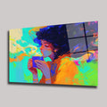 RENKLİ KADIN PORTRESİ VE KAHVE KEYFİ MODERN SANAT YATAY CAM TABLO - DEG0324