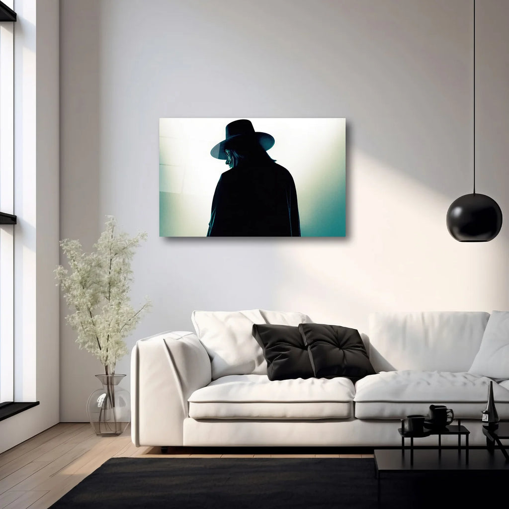 V FOR VENDETTA GUY FAWKES MASKESİ VE GİZEMLİ SİLÜET YATAY CAM TABLO - DEG0342