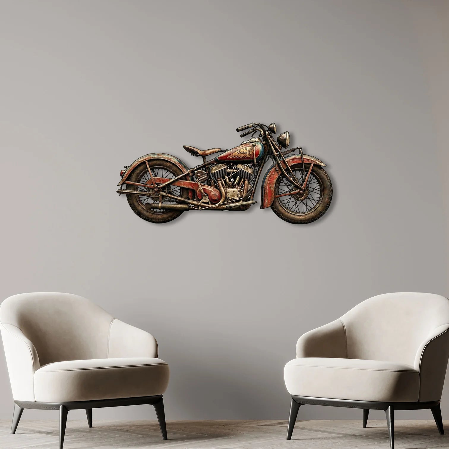 Nostaljik Indian Motosiklet Tasarımlı Eskitme Metal Tablo - Retro Duvar Dekoru