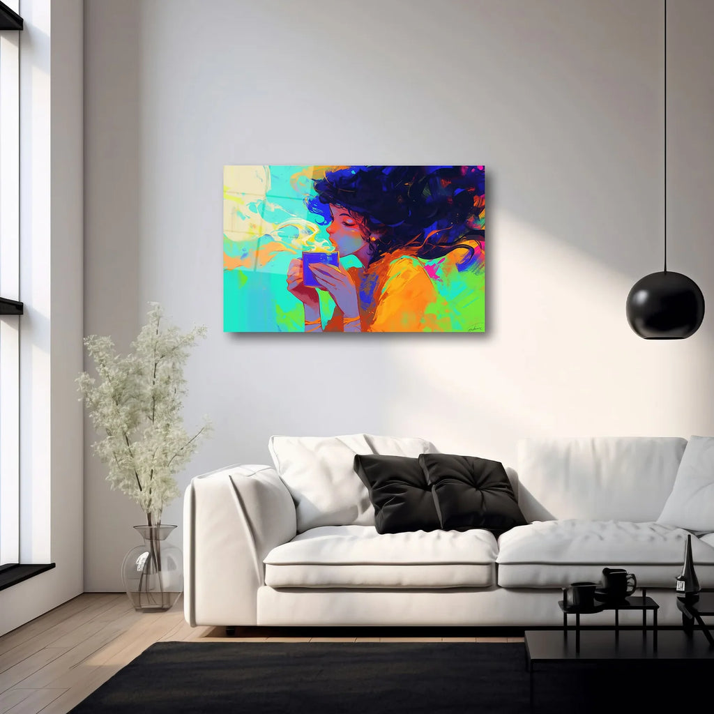 RENKLİ KADIN PORTRESİ VE KAHVE KEYFİ MODERN SANAT YATAY CAM TABLO - DEG0324