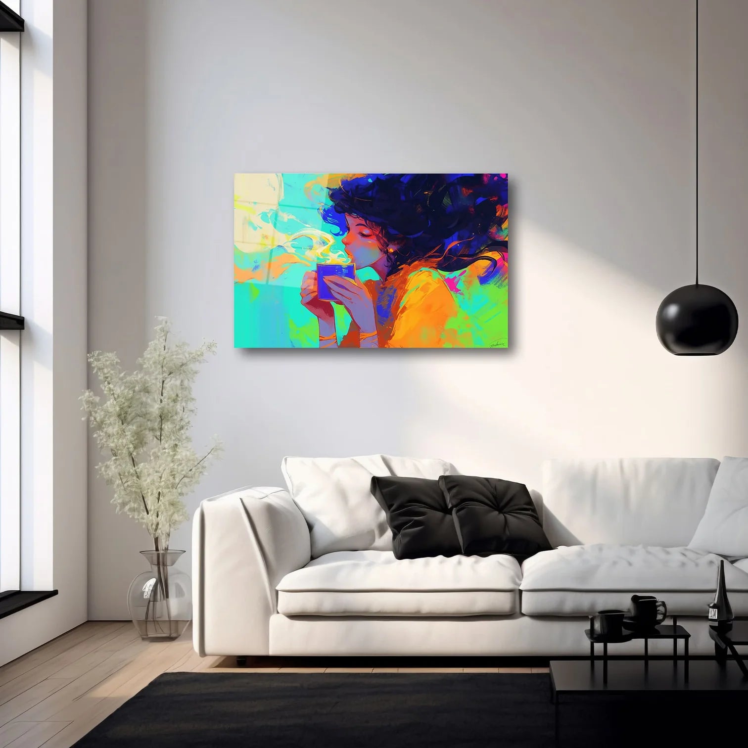 RENKLİ KADIN PORTRESİ VE KAHVE KEYFİ MODERN SANAT YATAY CAM TABLO - DEG0324