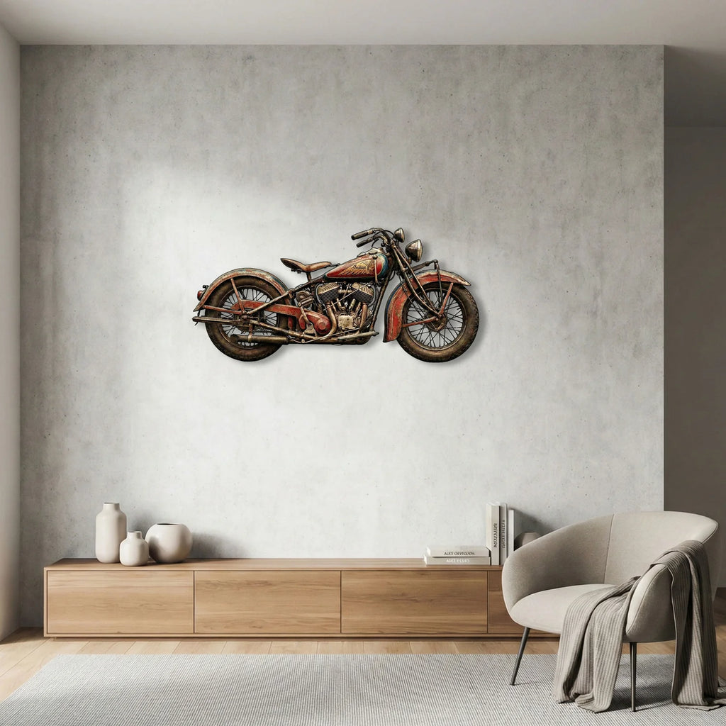 Nostaljik Indian Motosiklet Tasarımlı Eskitme Metal Tablo - Retro Duvar Dekoru