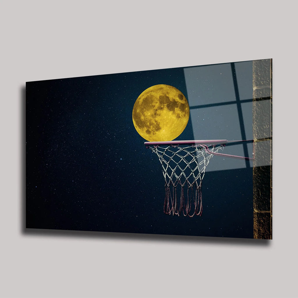 DOLUNAY VE BASKETBOL POTASI YARATICI SPOR MANZARASI YATAY CAM TABLO - DEG0361